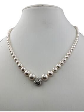 Swarovski Faux Pearl 16.25" Necklace Pave Crystal Silver Tone Ball Center